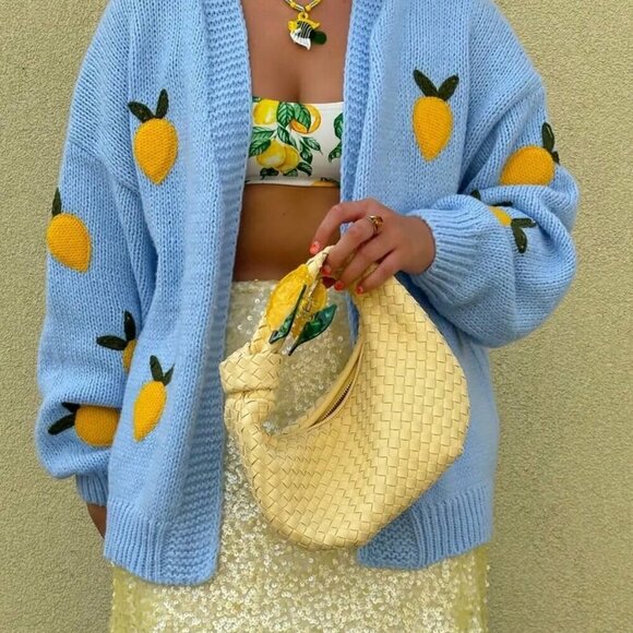 Baby Blue Casual Women's Lemon Pattern V-Neck Long Sleeve Knitted Cardigan - Picture 5 of 5